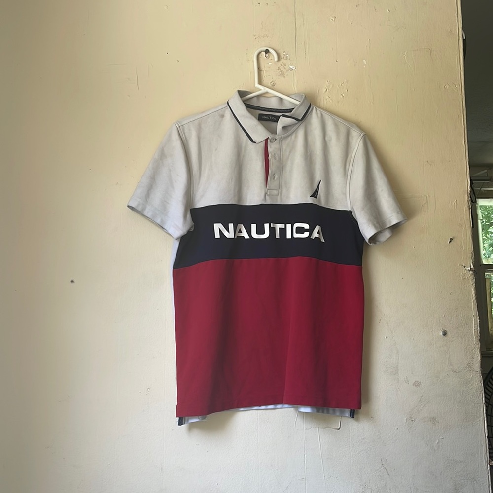 Large nautica red white and blue shirt